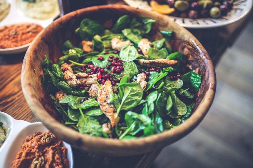 salad, healthy, food, wooden, bowl, chicken, fillet, pomegranate, fruit, spinach, green, fit, weight loss, colorful, salad, salad, salad, salad, salad, spinach, spinach, spinach, weight loss, weight loss